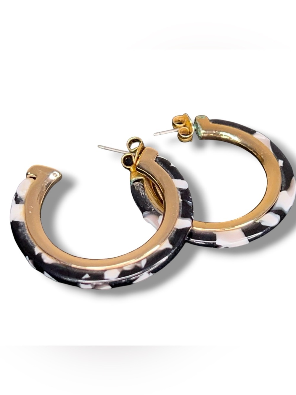 Hoops Gold Tone Black White Marbled Earrings Retro Post Back Punk Goth